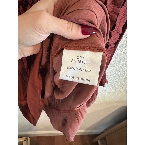 O.P.T. Rust Red Ruffle Tiered Mini Dress Smocked Waist Long Sleeve XS Boho - Picture 7 of 7